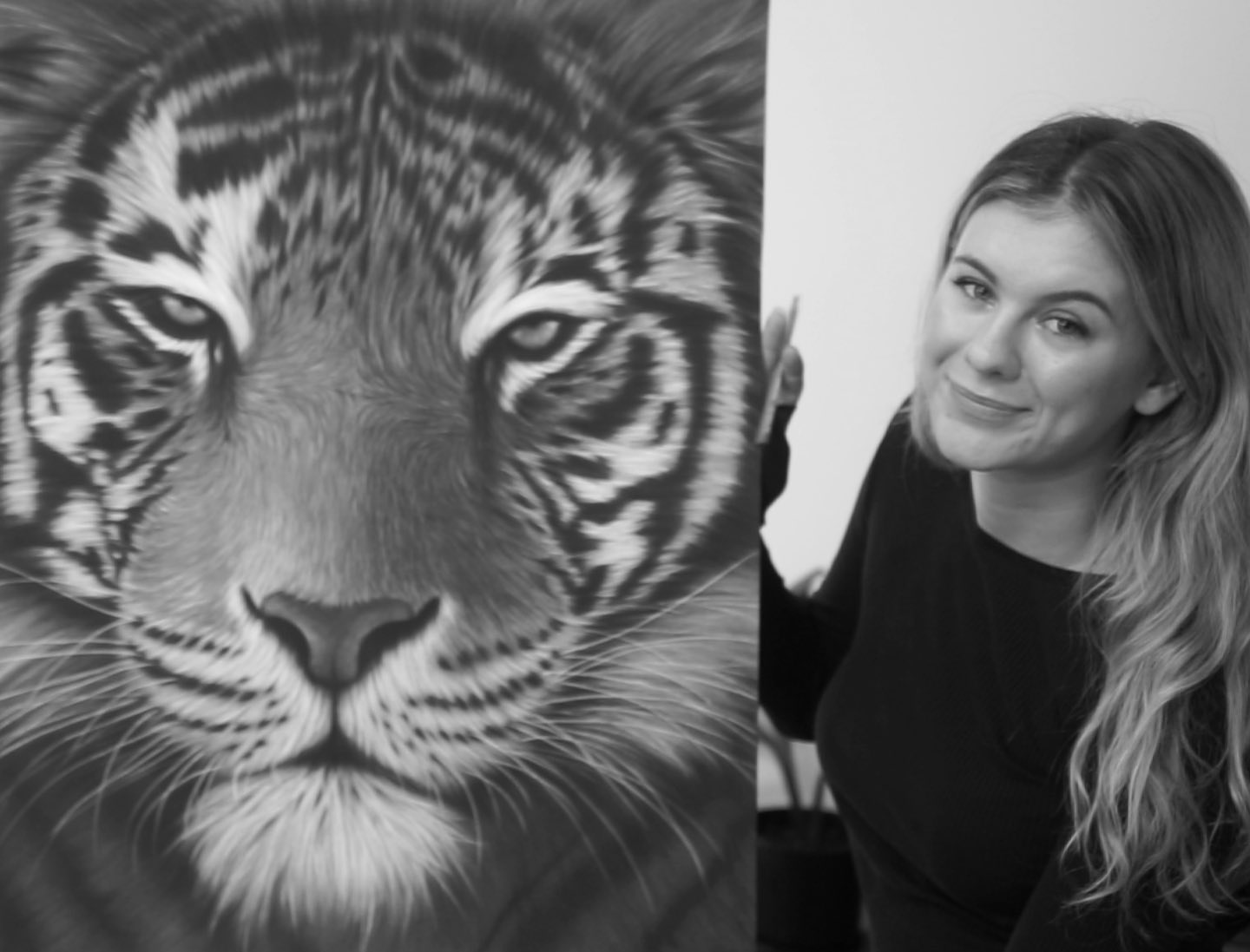 Artwork: Tiger, Black & White , Charcoal painting & pencil drawing w/wooden Frame,size 2A by 3 feet : Draw the picture as the customer wants