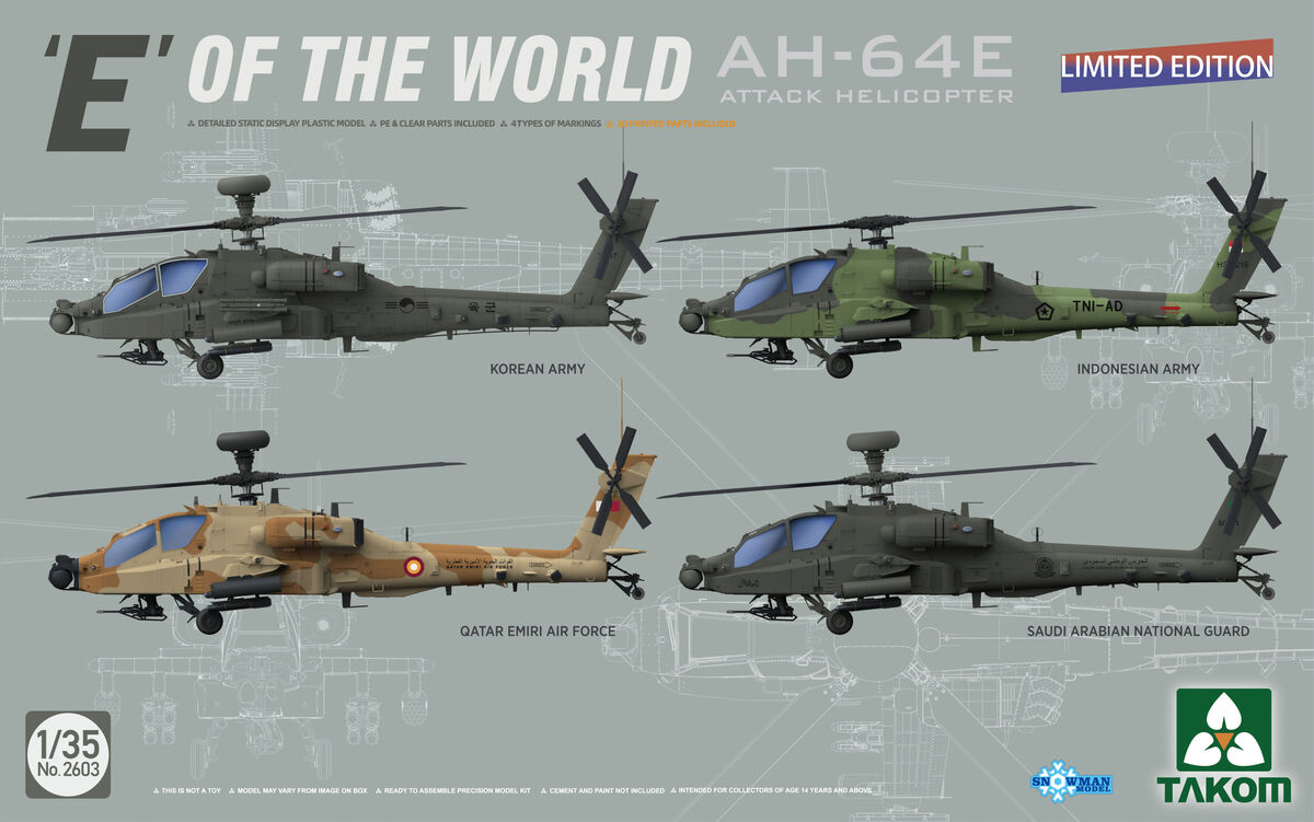 <font color=blue>1/35 'E' of the World AH-64E Apache  Attack Helicopter, Free Shipping By Air